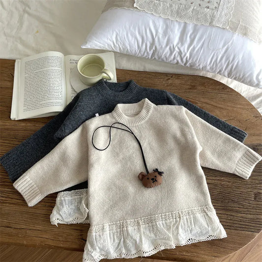 ニット・セーター キッズトップス ペプラムレースドッキングハイネック長袖ニットセーター【mh0008447】