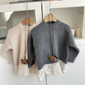 ニット・セーター キッズトップス ペプラムレースドッキングハイネック長袖ニットセーター【mh0008447】