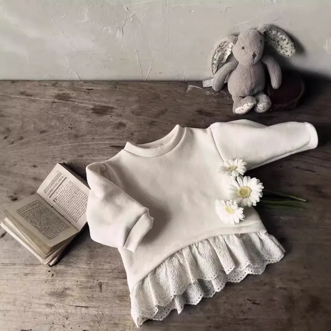 長袖セットアップ ベビートップス/パンツ ペプラムレースフリース長袖スウェットシャツ/レースフリルフリースフレアパンツ【mh0008459】