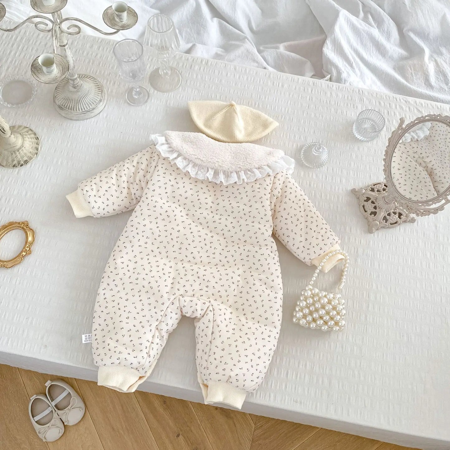 アウタージャンプスーツ ベビーアウタージャンプスーツ ボアフリース丸襟フラワー小花柄プリント長袖アウターロンパース【mh0008485】