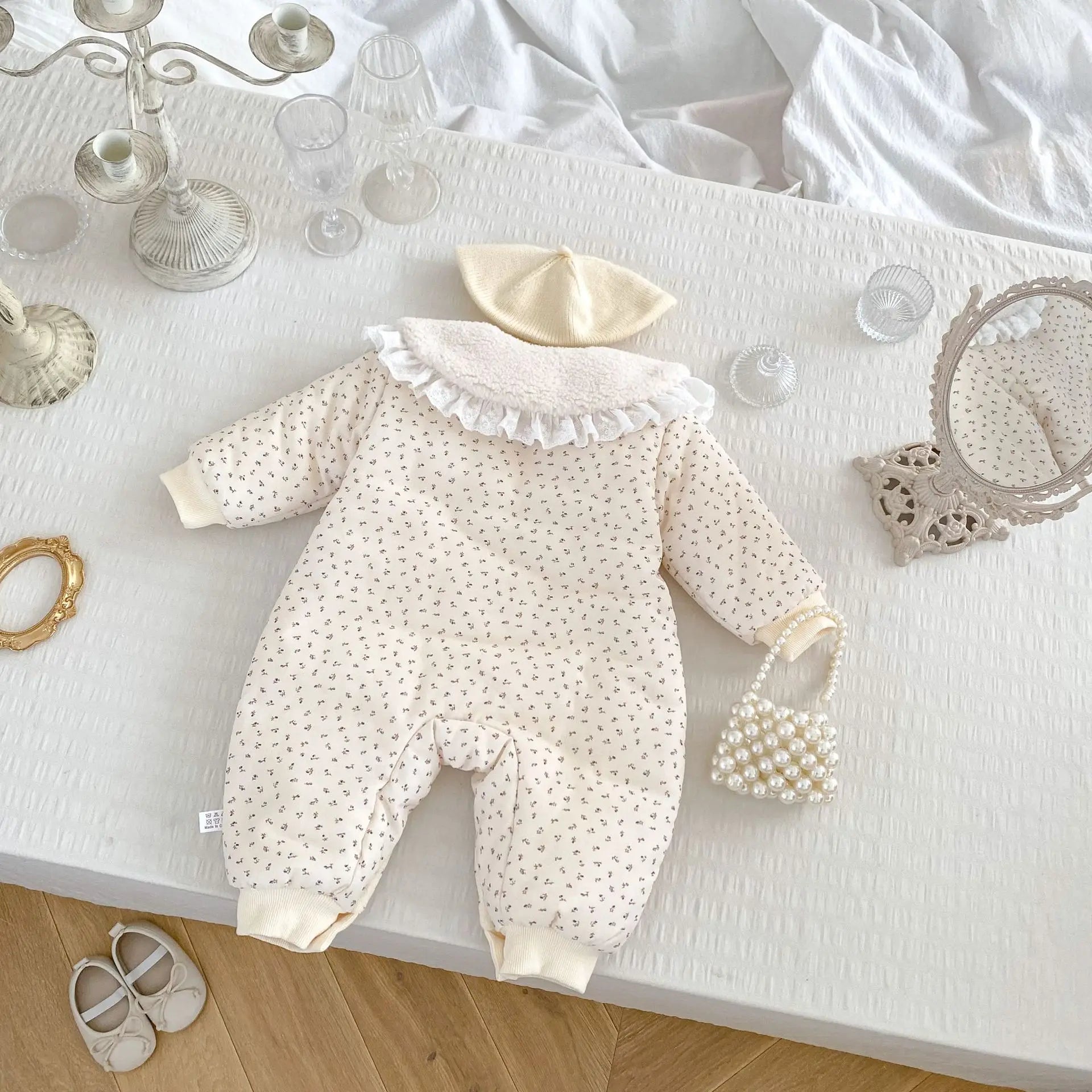 アウタージャンプスーツ ベビーアウタージャンプスーツ ボアフリース丸襟フラワー小花柄プリント長袖アウターロンパース【mh0008485】