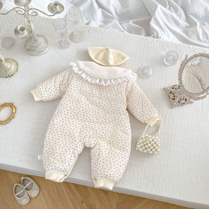 アウタージャンプスーツ ベビーアウタージャンプスーツ ボアフリース丸襟フラワー小花柄プリント長袖アウターロンパース【mh0008485】