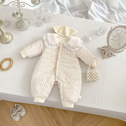 アウタージャンプスーツ ベビーアウタージャンプスーツ ボアフリース丸襟フラワー小花柄プリント長袖アウターロンパース【mh0008485】