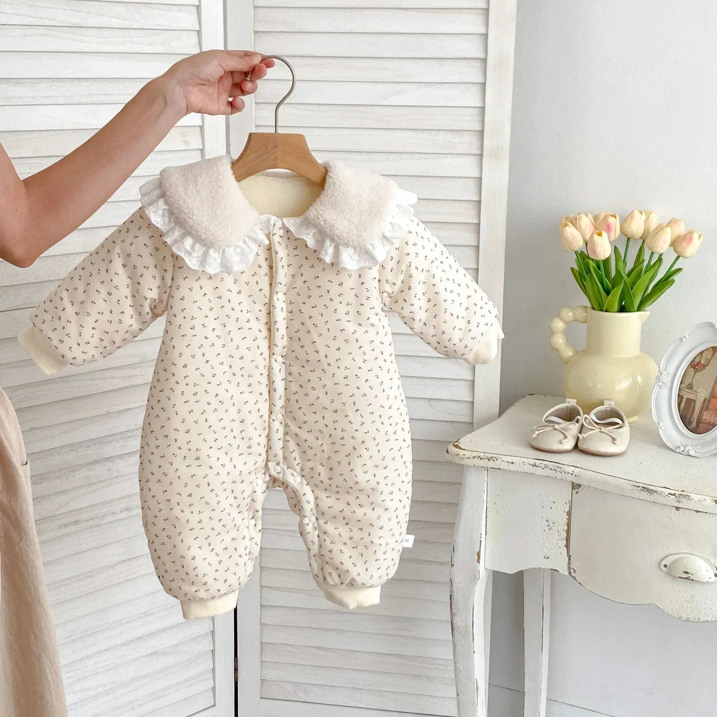 アウタージャンプスーツ ベビーアウタージャンプスーツ ボアフリース丸襟フラワー小花柄プリント長袖アウターロンパース【mh0008485】