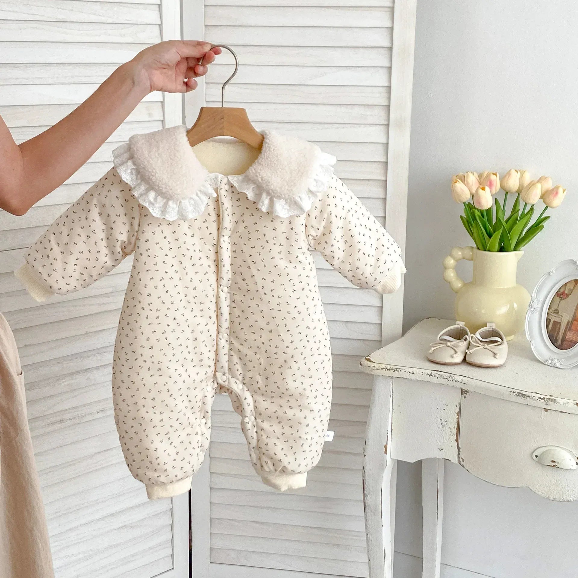 アウタージャンプスーツ ベビーアウタージャンプスーツ ボアフリース丸襟フラワー小花柄プリント長袖アウターロンパース【mh0008485】