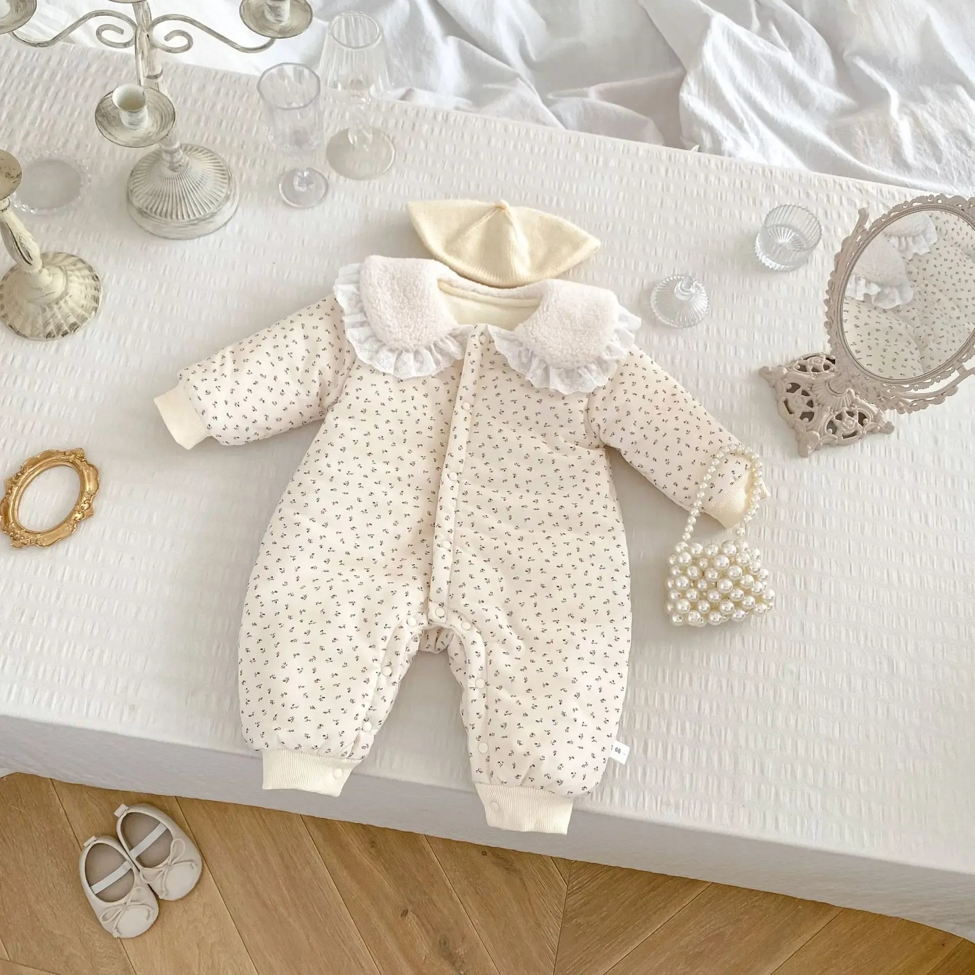 アウタージャンプスーツ ベビーアウタージャンプスーツ ボアフリース丸襟フラワー小花柄プリント長袖アウターロンパース【mh0008485】