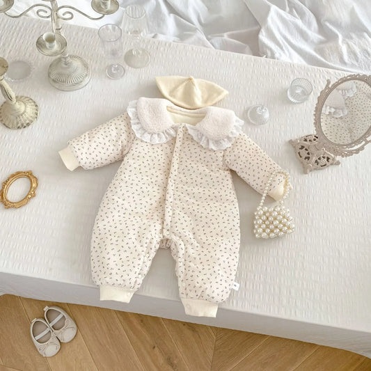 アウタージャンプスーツ ベビーアウタージャンプスーツ ボアフリース丸襟フラワー小花柄プリント長袖アウターロンパース【mh0008485】