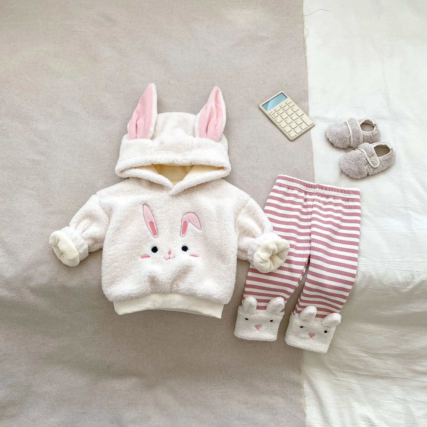 長袖セットアップ ベビートップス/パンツ 耳付きフーディフリースプルオーバー+ボーダーアニマルレギンスパンツ【mh0008489】