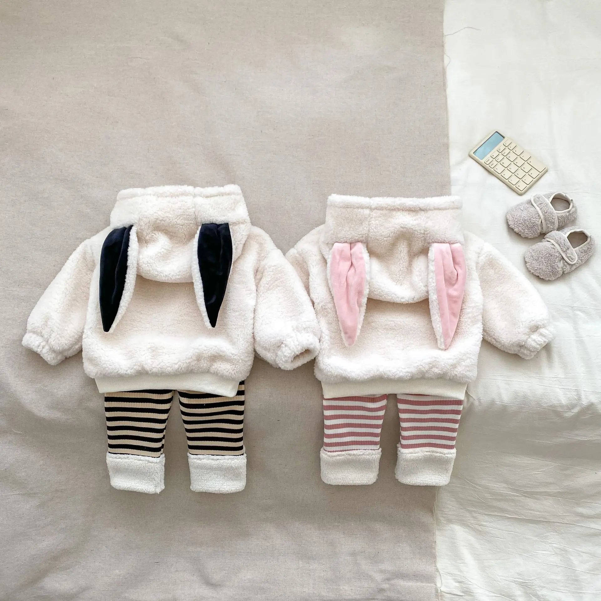 長袖セットアップ ベビートップス/パンツ 耳付きフーディフリースプルオーバー+ボーダーアニマルレギンスパンツ【mh0008489】