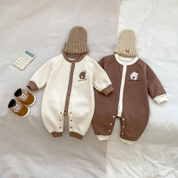 長袖ロンパース ベビーロンパース ベアくま刺繍長袖ジャンプスーツ【mh0008498】
