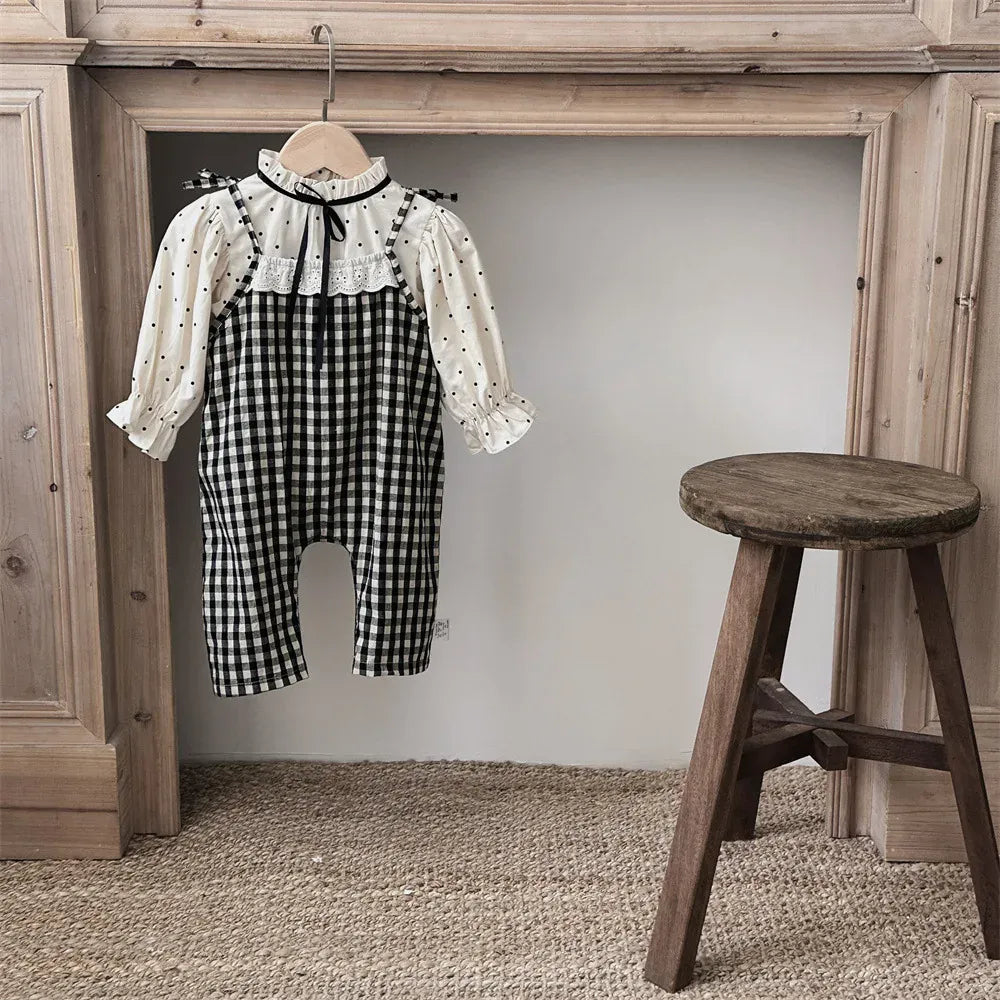 長袖セットアップ ベビートップス/サロペット スタンドフリルカラー長袖ブラウス/チェック柄キャミソールサスペンダーパンツ【mh0008535】
