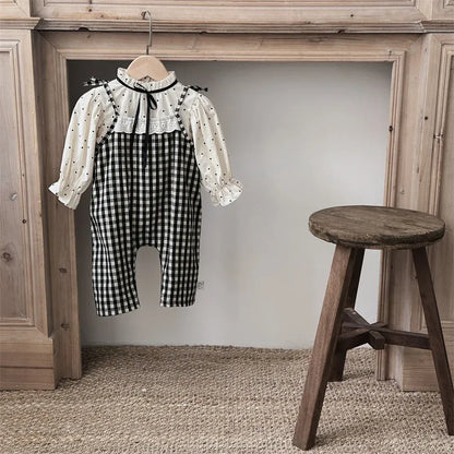 長袖セットアップ ベビートップス/サロペット スタンドフリルカラー長袖ブラウス/チェック柄キャミソールサスペンダーパンツ【mh0008535】