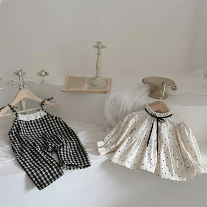 長袖セットアップ ベビートップス/サロペット スタンドフリルカラー長袖ブラウス/チェック柄キャミソールサスペンダーパンツ【mh0008535】