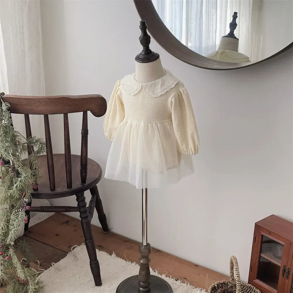 長袖ロンパース ベビーロンパース レース刺繍丸襟チュチュチュールスカートドッキング長袖ドレスボディスーツ【mh0008546】