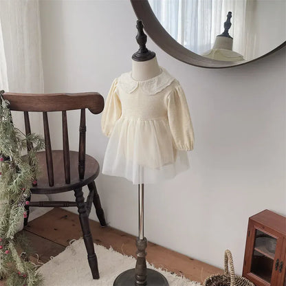 長袖ロンパース ベビーロンパース レース刺繍丸襟チュチュチュールスカートドッキング長袖ドレスボディスーツ【mh0008546】