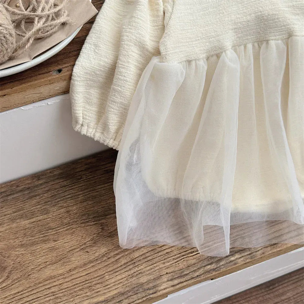 長袖ロンパース ベビーロンパース レース刺繍丸襟チュチュチュールスカートドッキング長袖ドレスボディスーツ【mh0008546】