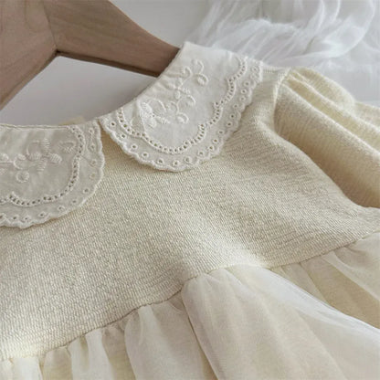長袖ロンパース ベビーロンパース レース刺繍丸襟チュチュチュールスカートドッキング長袖ドレスボディスーツ【mh0008546】