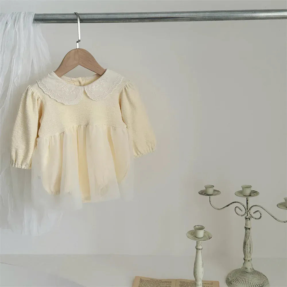 長袖ロンパース ベビーロンパース レース刺繍丸襟チュチュチュールスカートドッキング長袖ドレスボディスーツ【mh0008546】