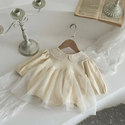 長袖ロンパース ベビーロンパース レース刺繍丸襟チュチュチュールスカートドッキング長袖ドレスボディスーツ【mh0008546】