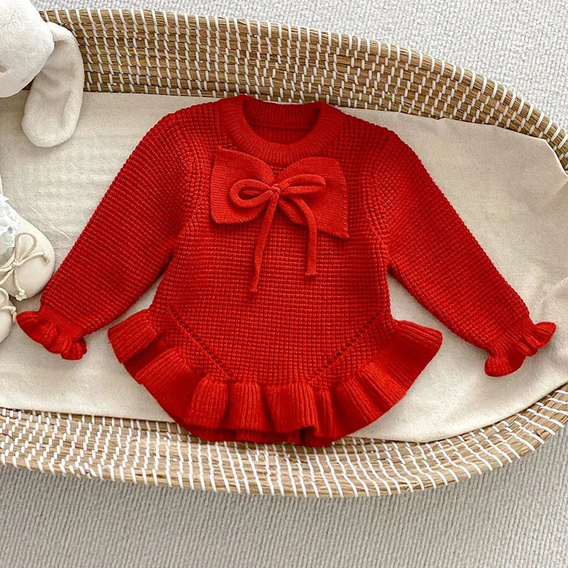 長袖ロンパース ベビーロンパース リボンフリルミニスカートニット長袖ボディスーツ【mh0008548】