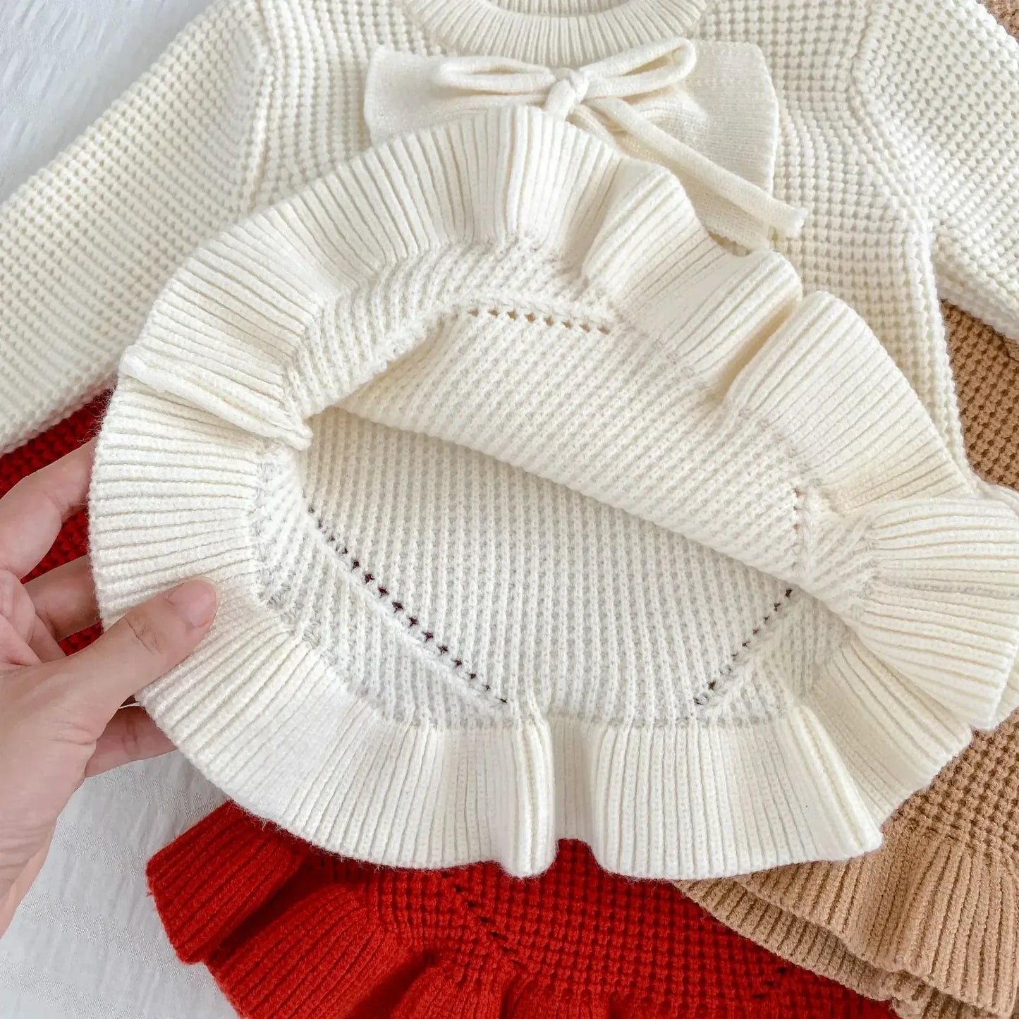 長袖ロンパース ベビーロンパース リボンフリルミニスカートニット長袖ボディスーツ【mh0008548】