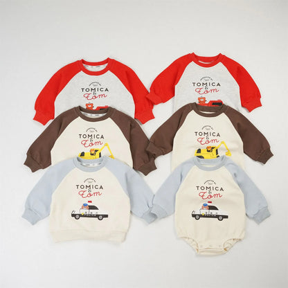 トレーナー・フーディ キッズトップス 働く車プリントラグランパッチワーク長袖スウェットシャツ【mh0008576】