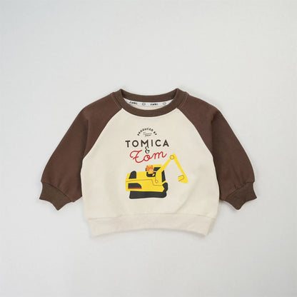 トレーナー・フーディ キッズトップス 働く車プリントラグランパッチワーク長袖スウェットシャツ【mh0008576】