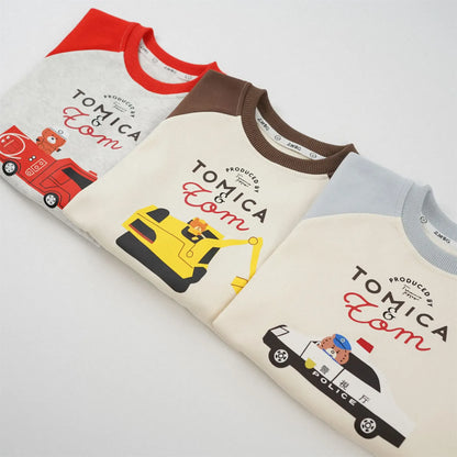 トレーナー・フーディ キッズトップス 働く車プリントラグランパッチワーク長袖スウェットシャツ【mh0008576】