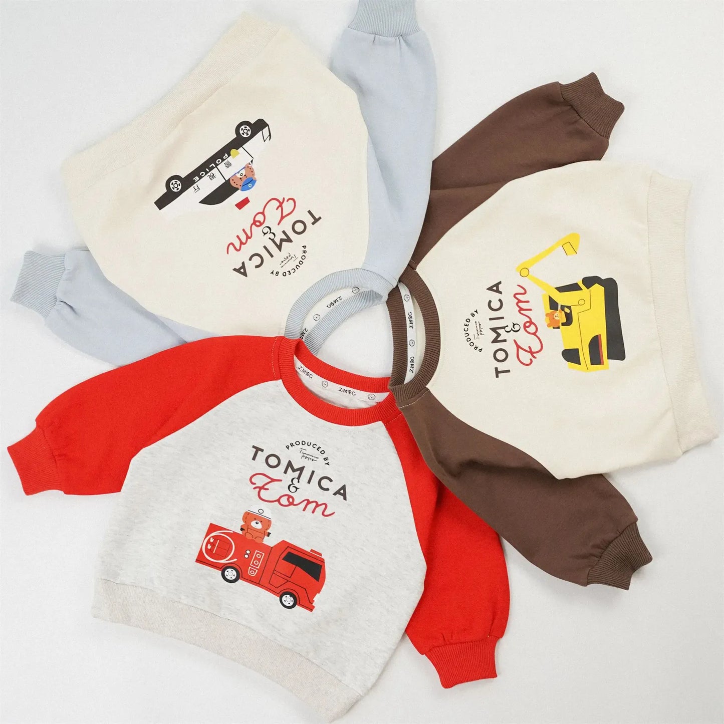 トレーナー・フーディ キッズトップス 働く車プリントラグランパッチワーク長袖スウェットシャツ【mh0008576】