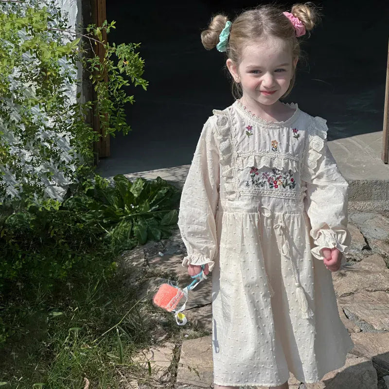 長袖ワンピース キッズワンピース フラワー刺繍レースフリル長袖プリンセスワンピース【mh0008664】