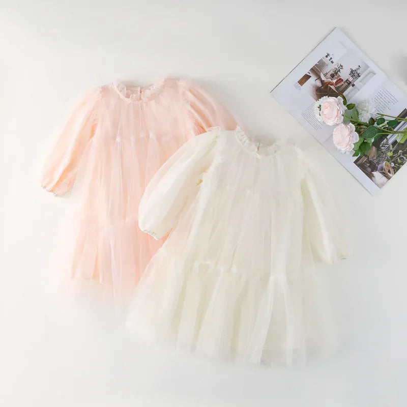 長袖ワンピース キッズワンピース ティアードチュチュチュールフリル長袖パーティドレスワンピース【mh0008665】