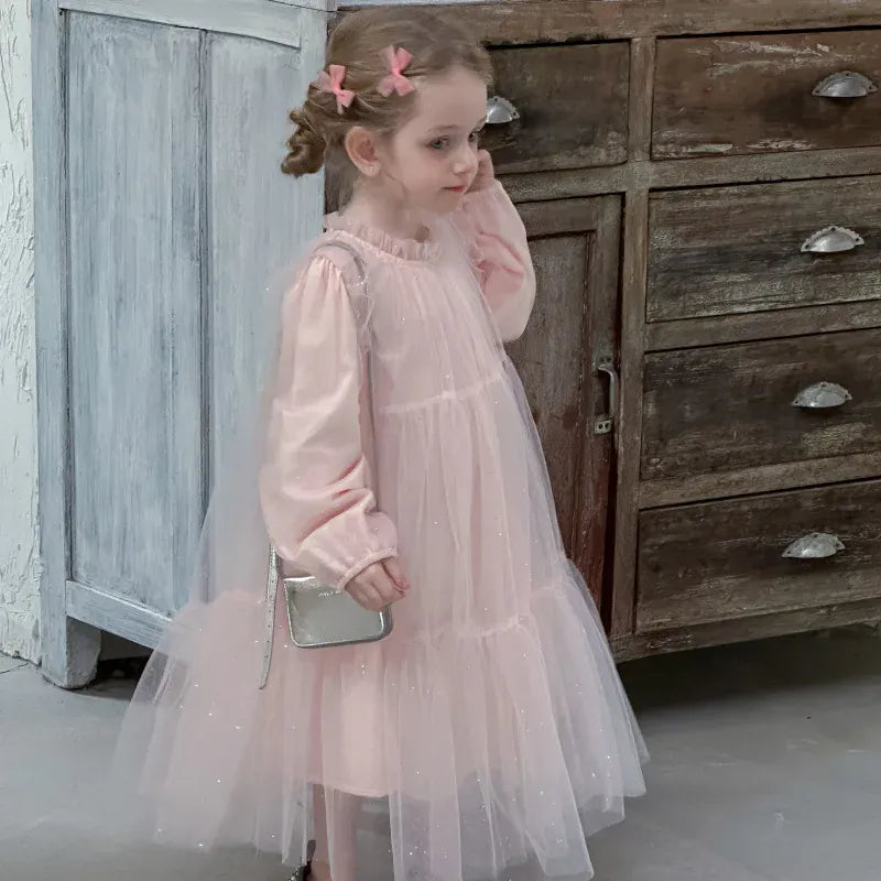 長袖ワンピース キッズワンピース ティアードチュチュチュールフリル長袖パーティドレスワンピース【mh0008665】