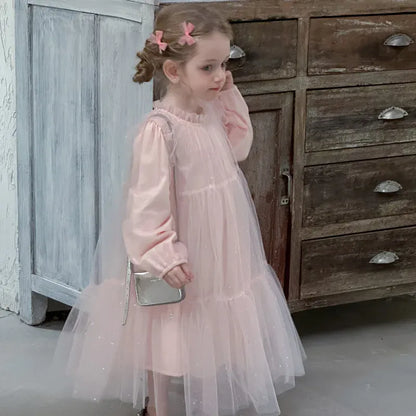長袖ワンピース キッズワンピース ティアードチュチュチュールフリル長袖パーティドレスワンピース【mh0008665】