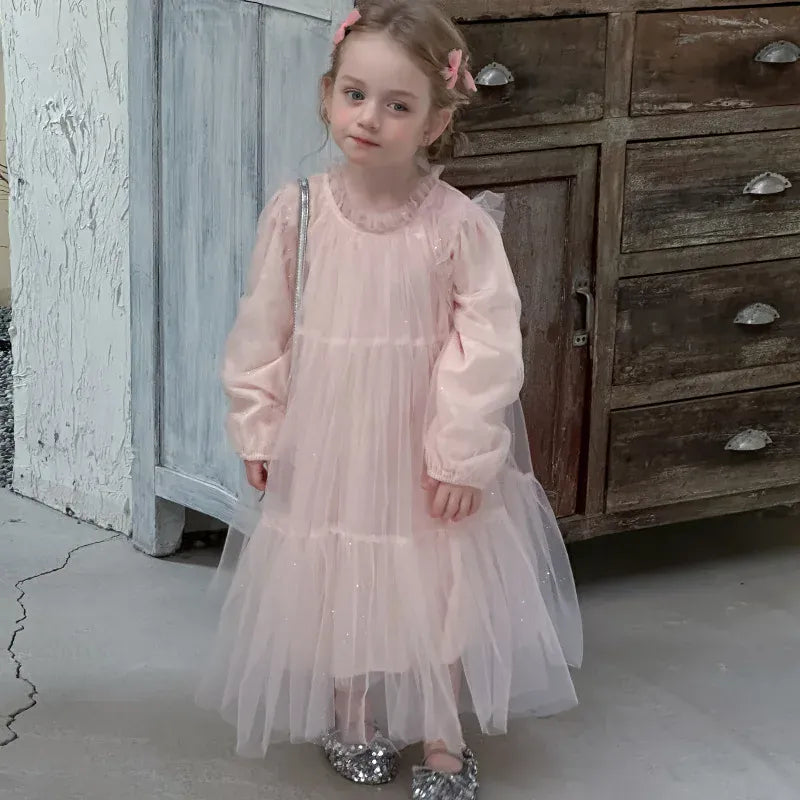 長袖ワンピース キッズワンピース ティアードチュチュチュールフリル長袖パーティドレスワンピース【mh0008665】