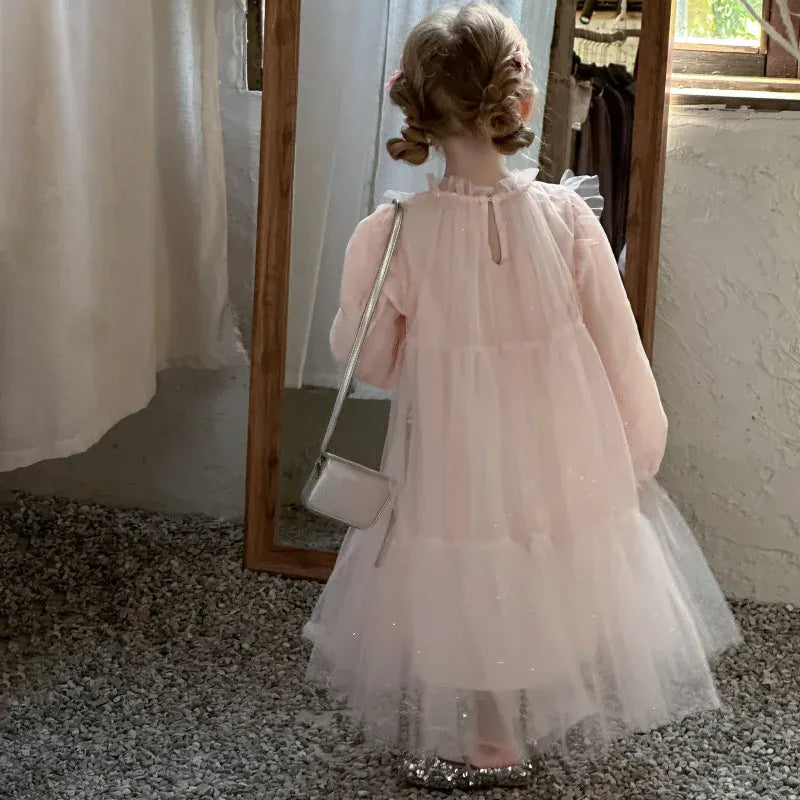 長袖ワンピース キッズワンピース ティアードチュチュチュールフリル長袖パーティドレスワンピース【mh0008665】
