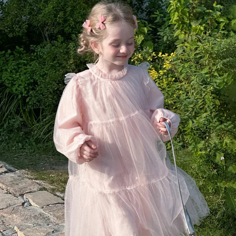 長袖ワンピース キッズワンピース ティアードチュチュチュールフリル長袖パーティドレスワンピース【mh0008665】