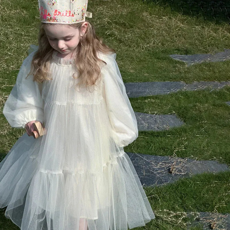 長袖ワンピース キッズワンピース ティアードチュチュチュールフリル長袖パーティドレスワンピース【mh0008665】