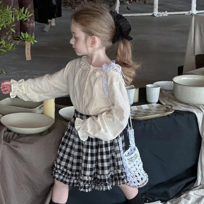 長袖セットアップ キッズトップス/スカート ピンタックレース襟長袖ブラウス/チェックフリルミニスカート【mh0008666】