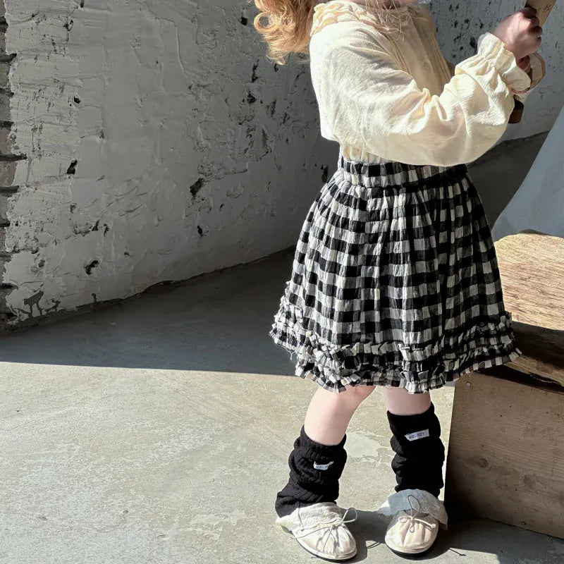 長袖セットアップ キッズトップス/スカート ピンタックレース襟長袖ブラウス/チェックフリルミニスカート【mh0008666】