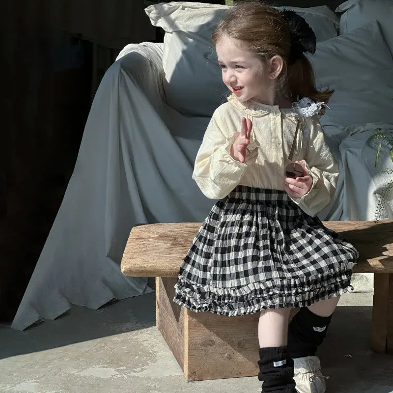 長袖セットアップ キッズトップス/スカート ピンタックレース襟長袖ブラウス/チェックフリルミニスカート【mh0008666】