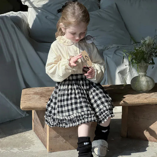 長袖セットアップ キッズトップス/スカート ピンタックレース襟長袖ブラウス/チェックフリルミニスカート【mh0008666】