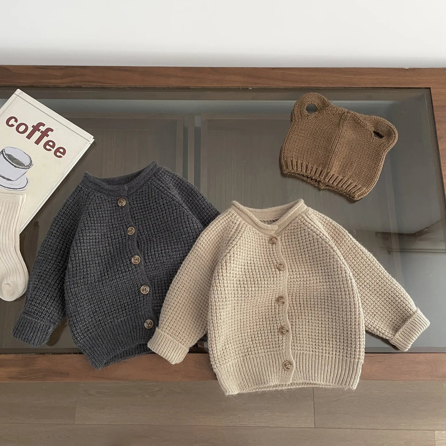 カーディガン・パーカー キッズカーディガン ワッフルニット長袖カーディガンジャケット【mh0008680】