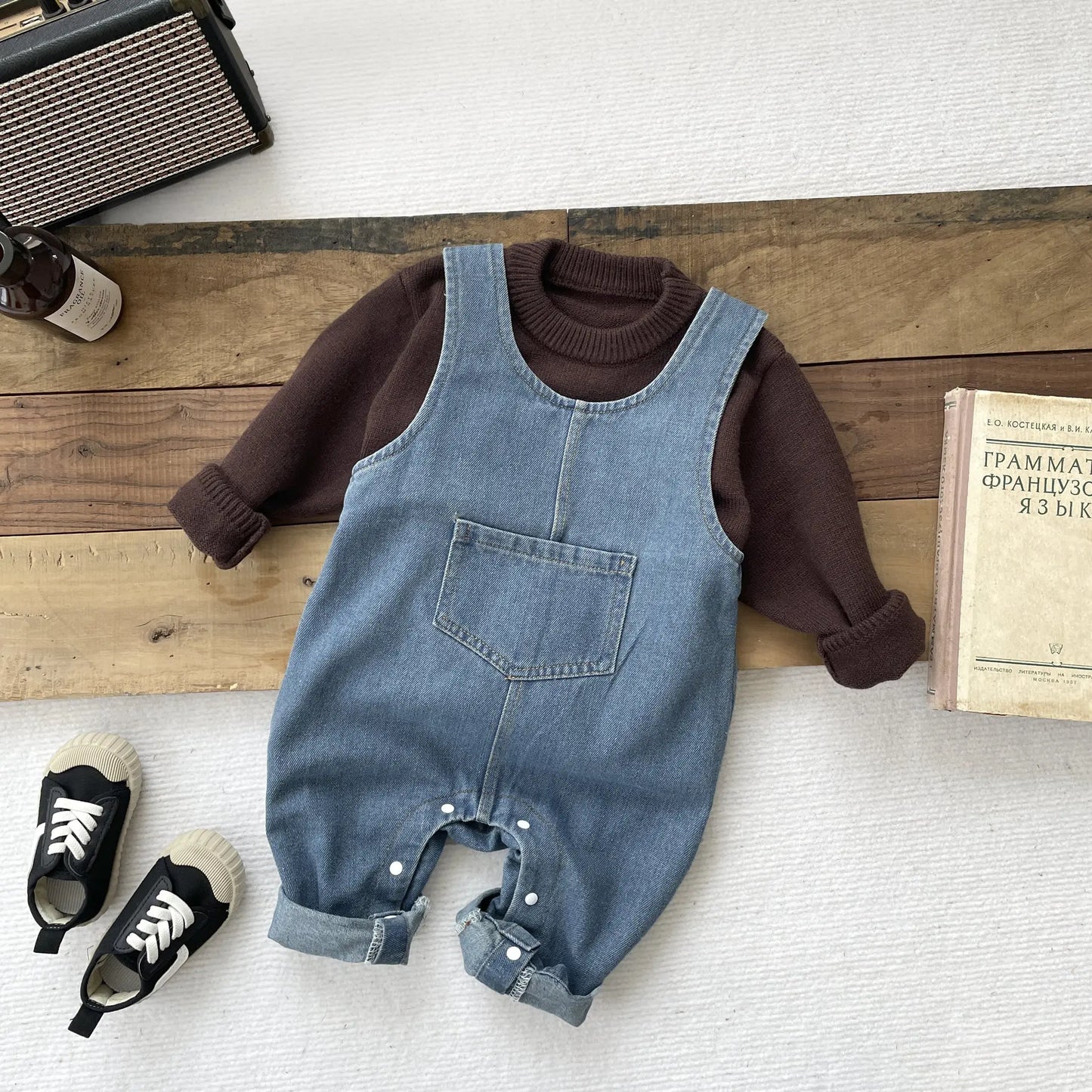 長袖セットアップ ベビートップス/ジャンプスーツ 犬ドッグニット長袖セーター/デニムノースリーブジャンプスーツ【mh0008697】