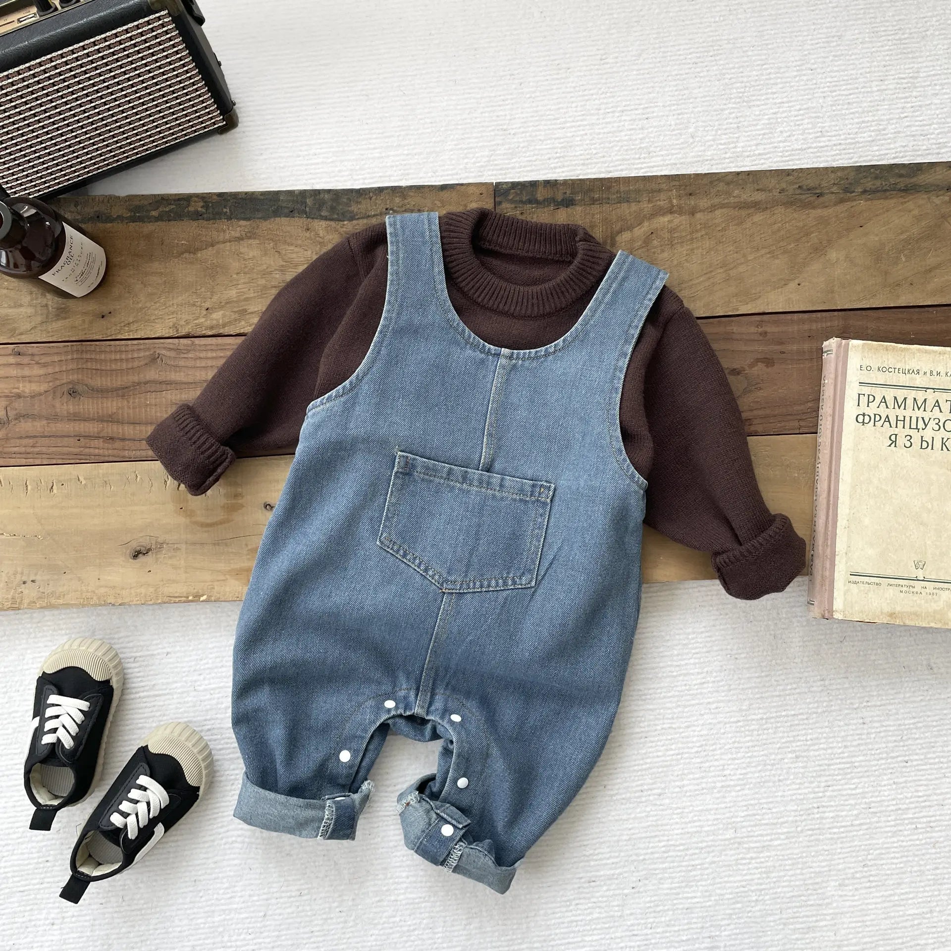 長袖セットアップ ベビートップス/ジャンプスーツ 犬ドッグニット長袖セーター/デニムノースリーブジャンプスーツ【mh0008697】