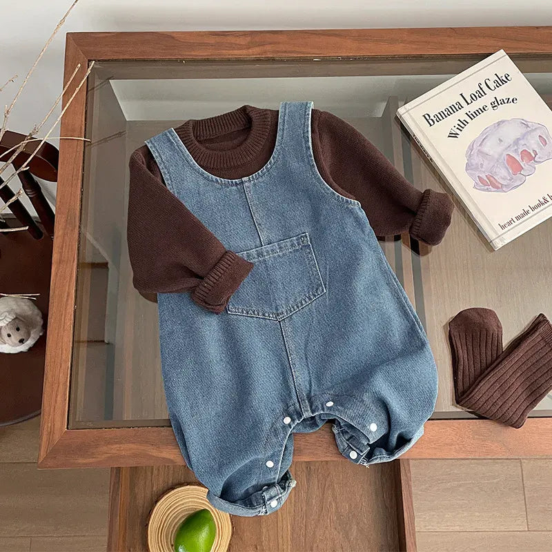 長袖セットアップ ベビートップス/ジャンプスーツ 犬ドッグニット長袖セーター/デニムノースリーブジャンプスーツ【mh0008697】