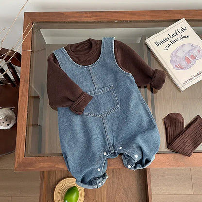 長袖セットアップ ベビートップス/ジャンプスーツ 犬ドッグニット長袖セーター/デニムノースリーブジャンプスーツ【mh0008697】