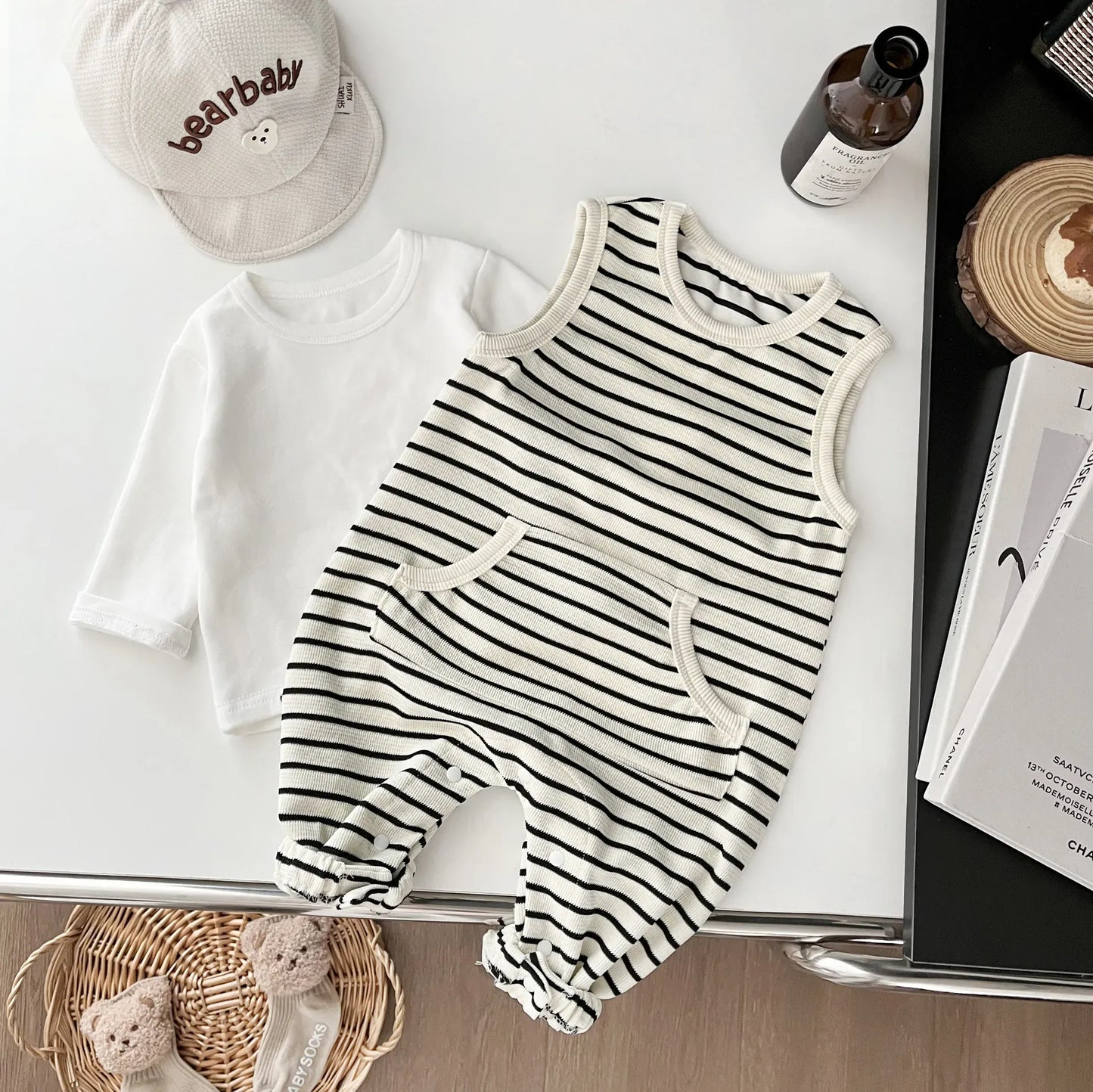 ノースリーブロンパース ベビーロンパース ボーダーノースリーブジャンプスーツ【mh0008701】