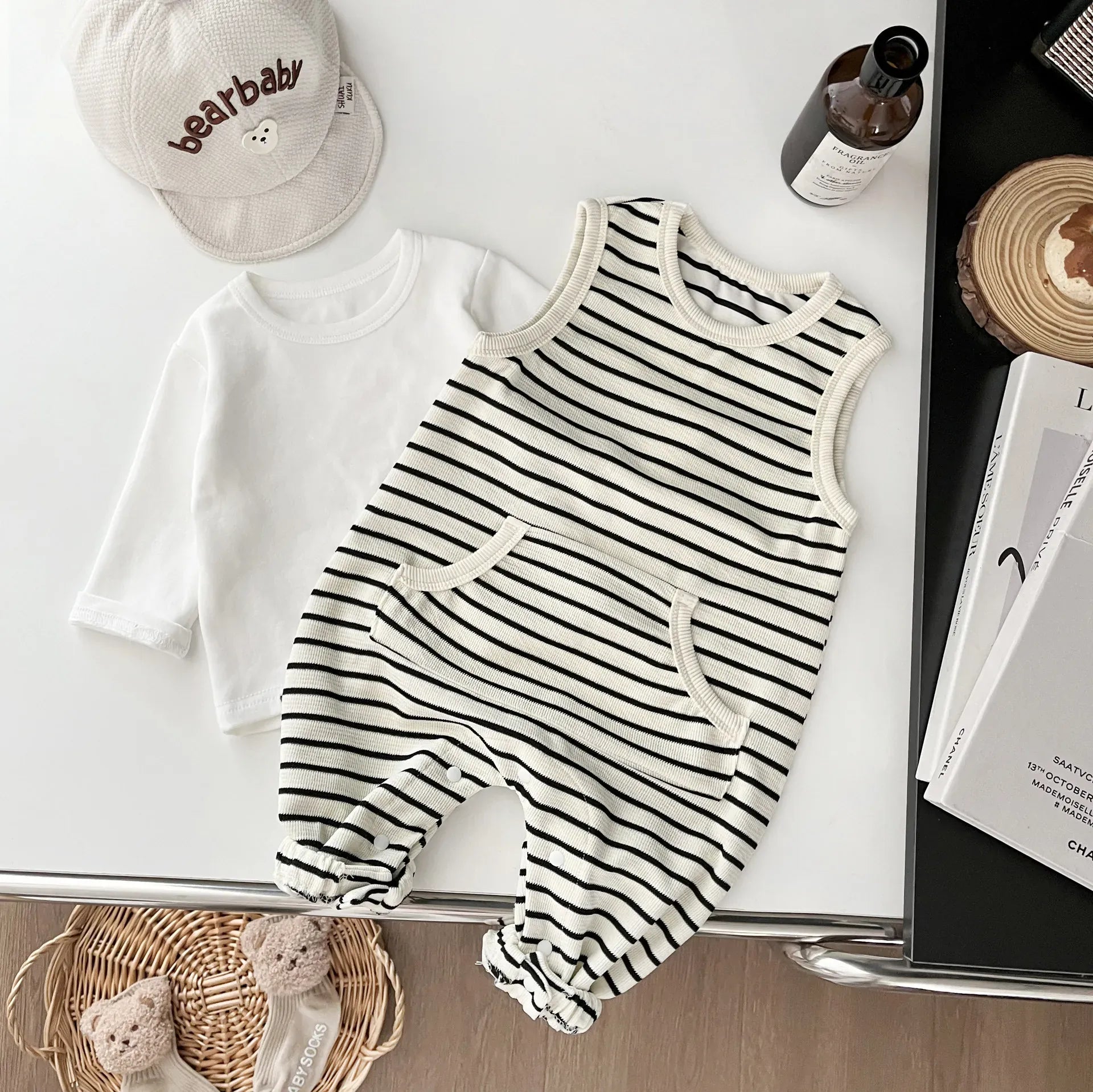 ノースリーブロンパース ベビーロンパース ボーダーノースリーブジャンプスーツ【mh0008701】