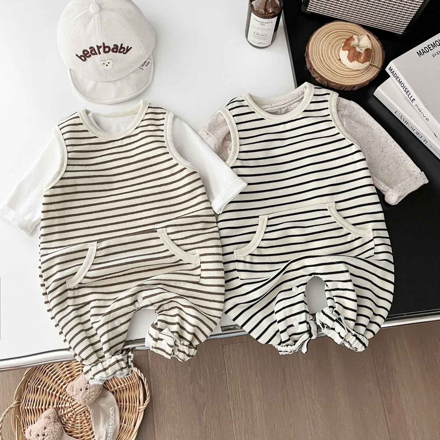 ノースリーブロンパース ベビーロンパース ボーダーノースリーブジャンプスーツ【mh0008701】