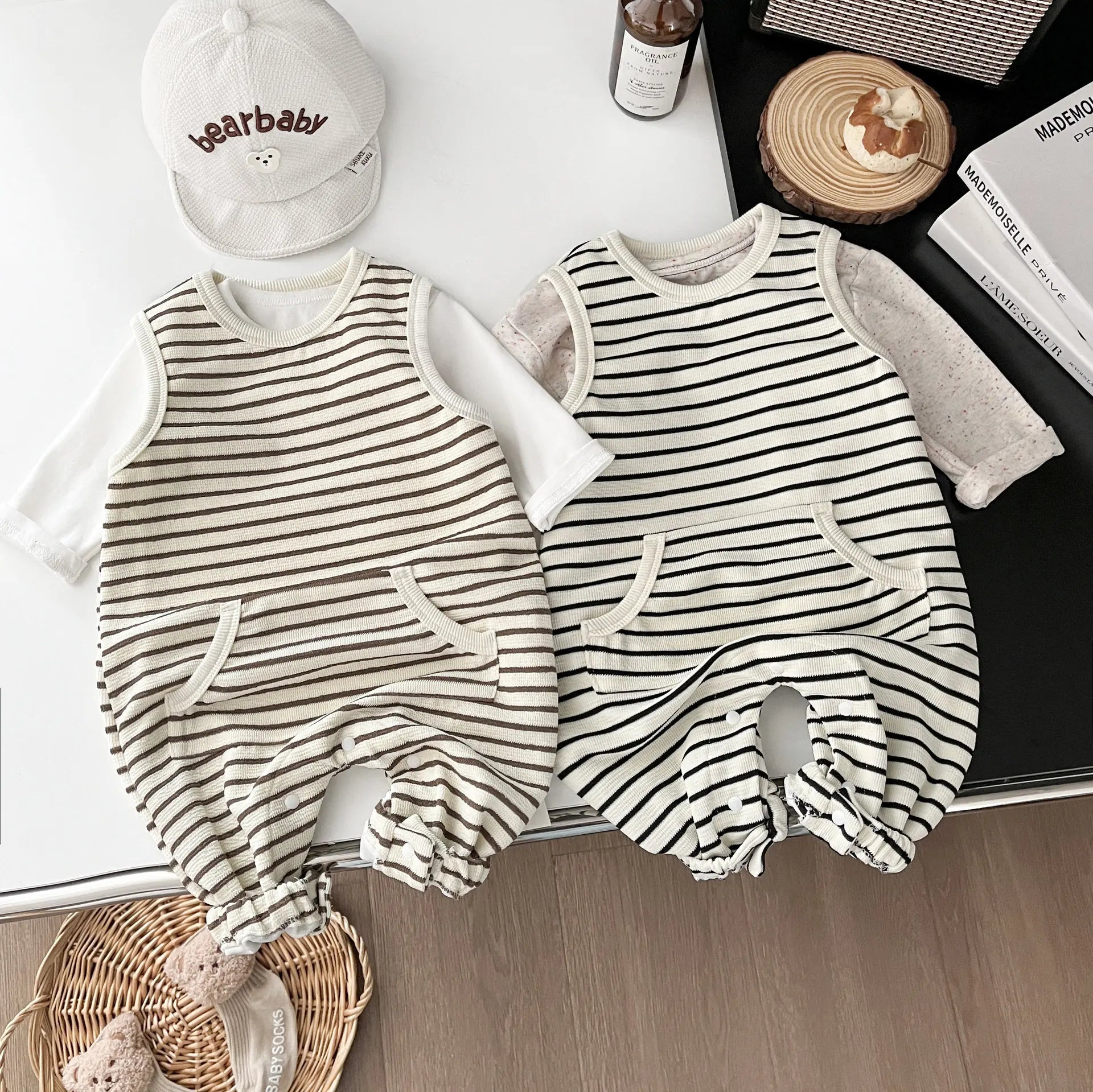 ノースリーブロンパース ベビーロンパース ボーダーノースリーブジャンプスーツ【mh0008701】